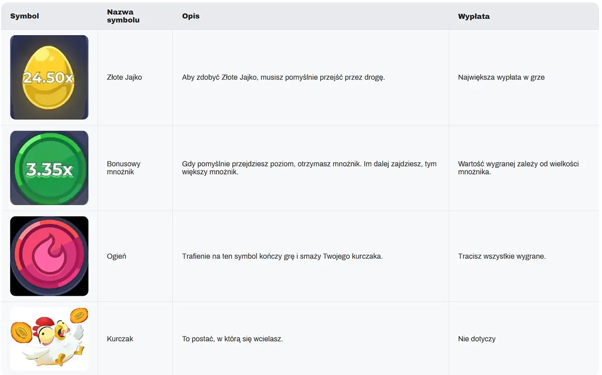The image contains a table in Polish describing the symbols in the 